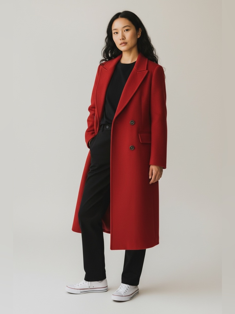 Vintage-Style Cherry Red Tailored Trench Coat - Wool Blend - Medium Petite